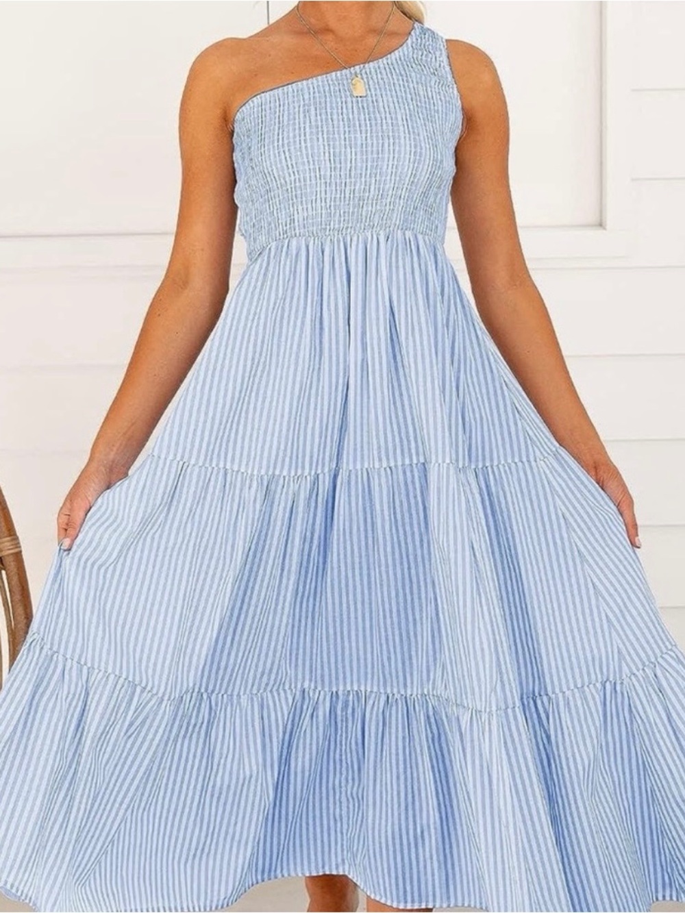 One-Shoulder Blue Striped Maxi Dress